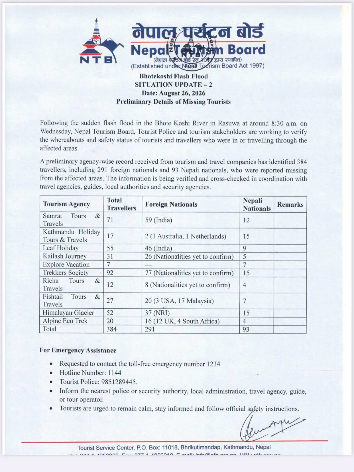 Nepal Tourism Board Official Situation Update 2 - Rasuwa Bhotekoshi Flash Flood